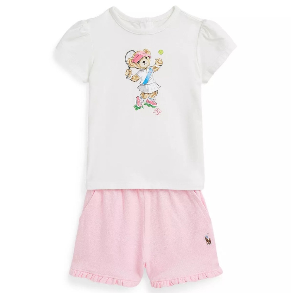 Baby Girls Polo Bear Jersey T-shirt and Mesh Shorts Set